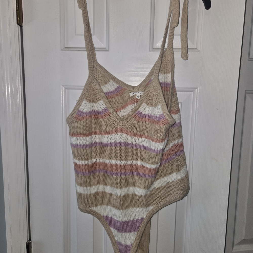 Striped Knit Bodysuit in Beige and Pink